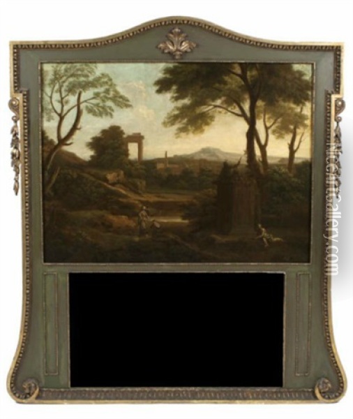 Landscape With Ruins And Figures In The Foreground Set In A Parcel Gilt And Painted Trumeau Frame Oil Painting - George Lambert