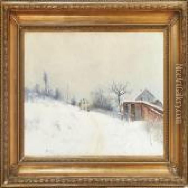 Snowscape With Houses At A Road Oil Painting - Johan Kindborg