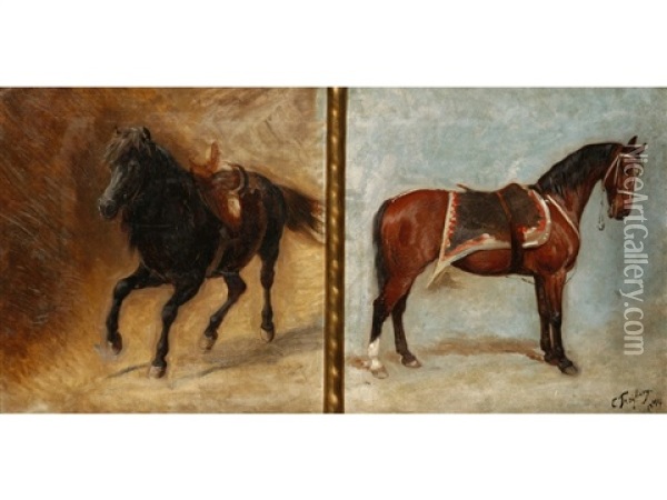 An Equestrian Double Portrait Of Vionville And Kleine Spinne Oil Painting - Konrad Freyberg