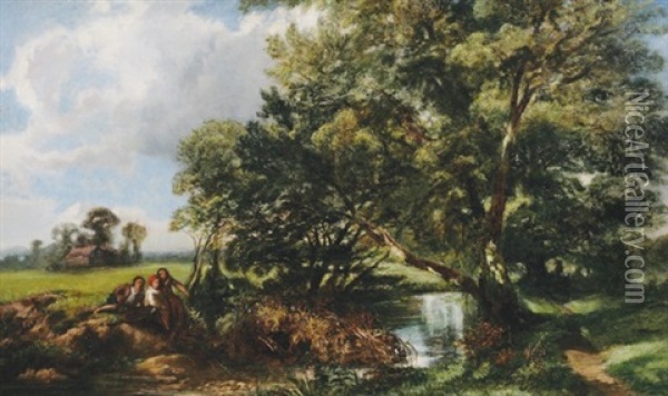 Figures By A River, Near High Wycombe Oil Painting - Edmund John Niemann