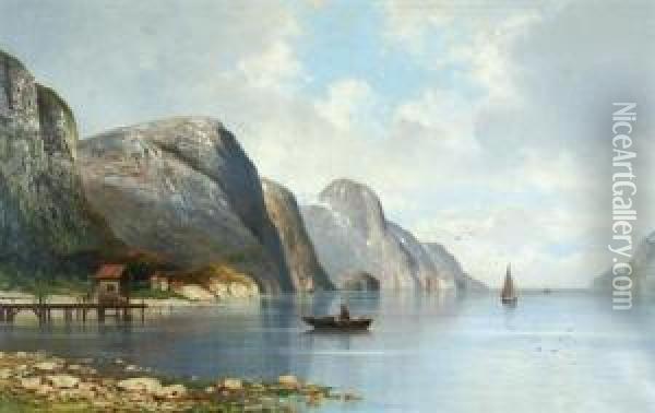 Boaters In A Fjord Oil Painting - Adelsteen Normann