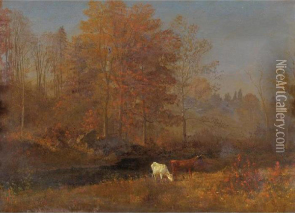 Landscape With Cows Oil Painting - Albert Bierstadt