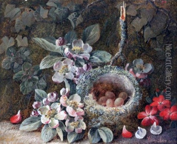 Still Lifes Of Fruit, Flowers And A Birds Nest (pair) Oil Painting - Vincent Clare