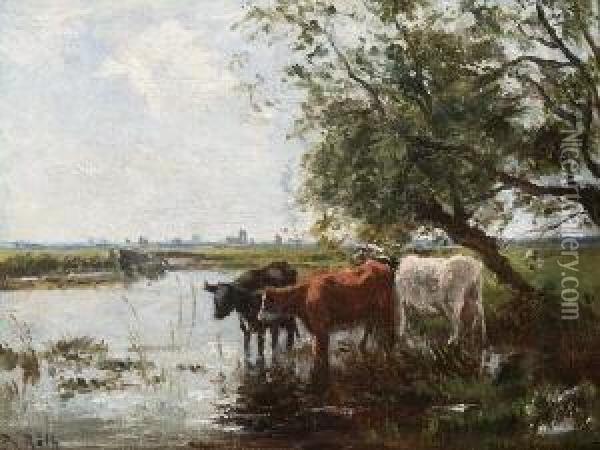 Kuhe Am Wasser. Oil Painting - Philipp Roth