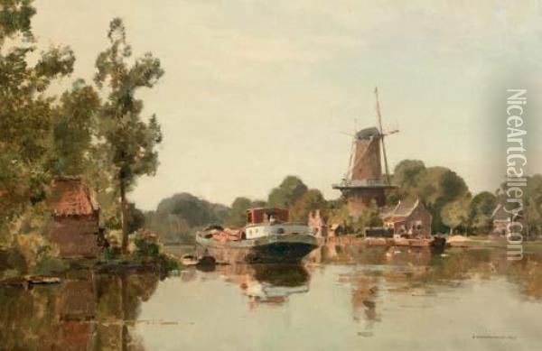 A Windmill Along A River Oil Painting - Cornelis Vreedenburgh