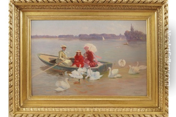 Feeding The Swans Oil Painting - Jules Scalbert