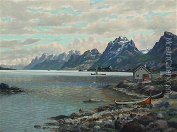 Norwegian Fiord With Houses And Boats (lofoten?) Oil Painting - Conrad Hans Selmyhr
