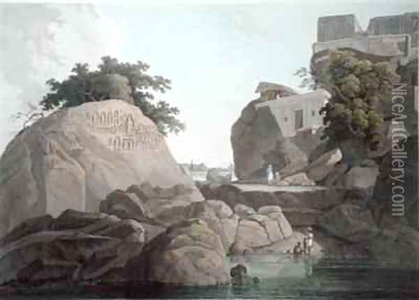 South East View of the Fakeers Rock on the River Ganges near Sultaungunge Oil Painting - Thomas & William Daniell