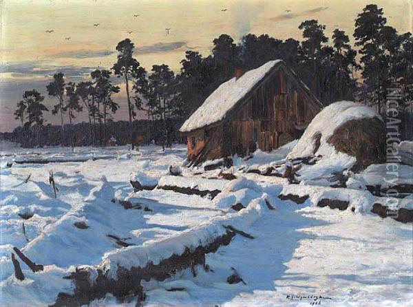 Lesniczowka W Sniegu Oil Painting - Michael Gorstkin Wywiorski