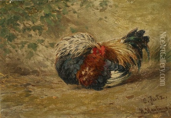 Hahn, Sein Gefieder Putzend (collab W. Heinrich Hartung) Oil Painting - Carl Jutz the Elder
