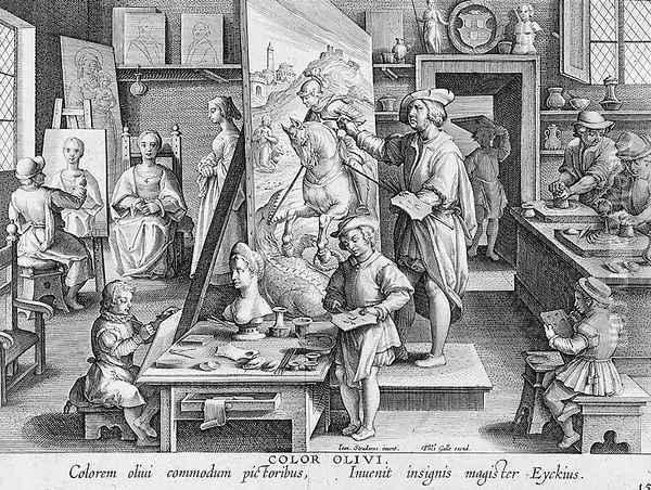 The Invention of Oil Paint, plate 15 from Nova Reperta New Discoveries engraved by Philip Galle 1537-1612 c.1600 Oil Painting - Giovanni Stradano