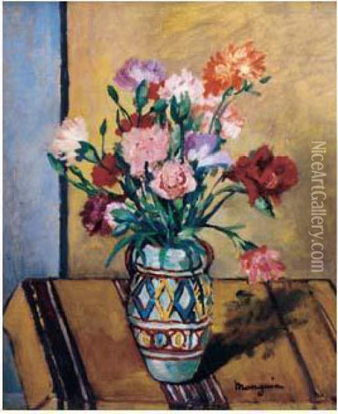 Vase D'oeillets A La Nappe Jaune Oil Painting - Henri Charles Manguin