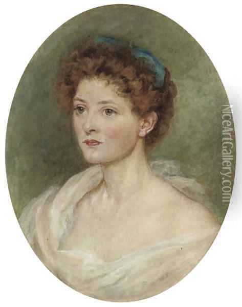 Portrait of a lady, bust-length, with a blue ribbon in her hair Oil Painting - English School