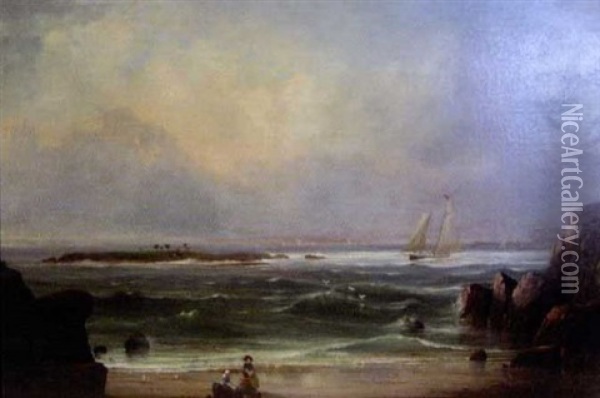 Maritime Scene With Boats On Choppy Ocean, Figures On Beach Between Rocky Promontories Oil Painting - Samuel W. Griggs
