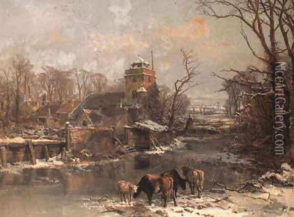 Cattle in a Winter Landscape 1855 Oil Painting - Charles Branwhite