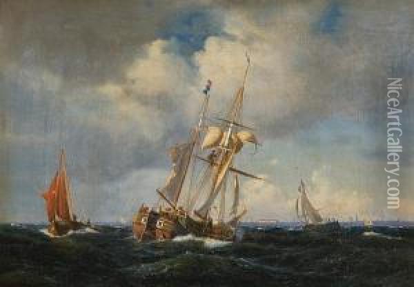 Shipping Off The Coast At Copenhagen Oil Painting - Carl Johan Neumann