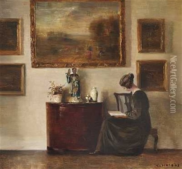 Interior Med Kunstnerens Hustru, Der Laeser I En Bog Oil Painting - Carl Vilhelm Holsoe