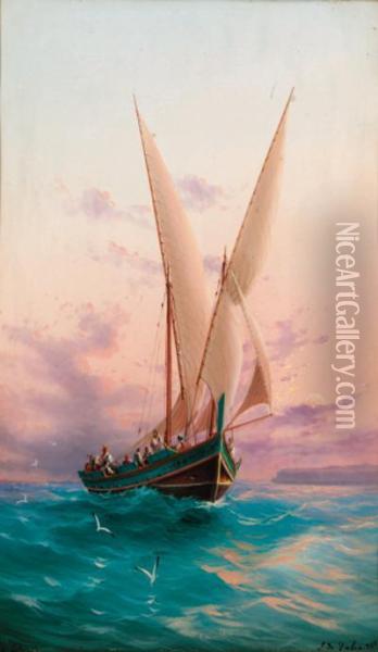 Mediterranean Fishing Craft Off The Maltese Coast Oil Painting - Luigi Maria Galea