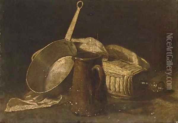 A jug, a saucepan and a glass bottle on a partly draped table Oil Painting - Luis Eugenio Melendez