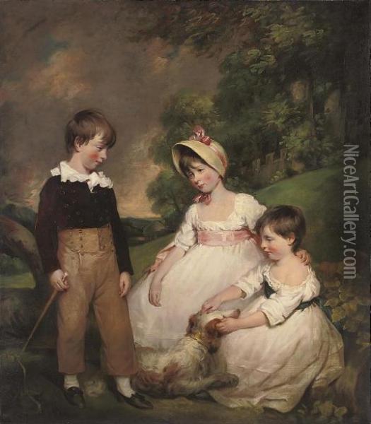 Group Portrait Of The Wallinger Children, Full-length, The Boy Standing In Breeches Holding A Riding Crop, The Girls Seated In White Dresses, One With A Pink Sash And Bonnet With Pink Ribbons, The Other With A Blue Sash, With A Spaniel, In A Garden Oil Painting - John James Halls