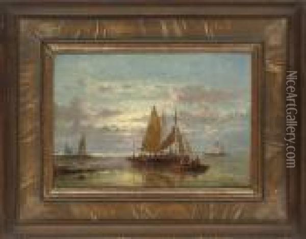 Ships At Sea, Sunrise Oil Painting - Abraham Hulk Jun.