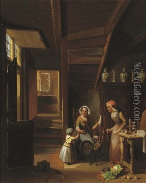 Helping Mummy At The Spinningwheel Oil Painting - Pieter Gerardus Bernhard