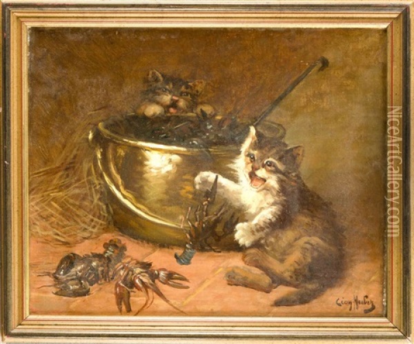 Zwei Verspielte Katzchen Mit Flusskrebsen Oil Painting - Leon Charles Huber
