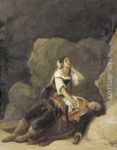 Seufzende Frau Mit Verwundetem Brigant. Oil Painting - Aurele Robert