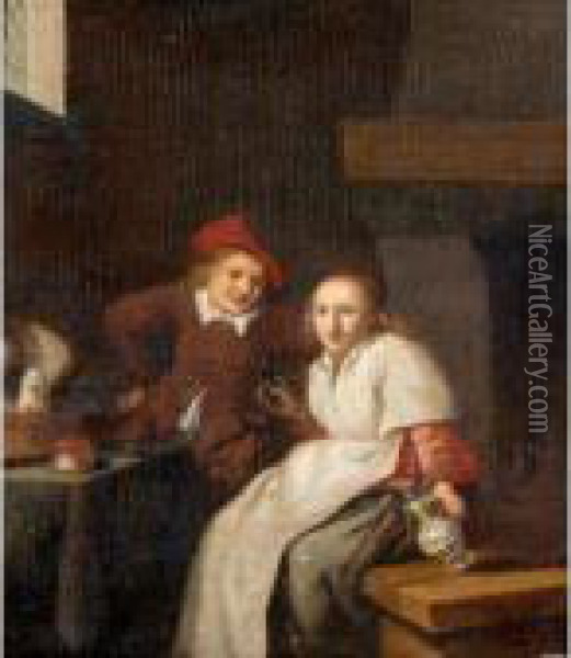 Peasants Drinking In A An Interior Oil Painting - Jan Miense Molenaer