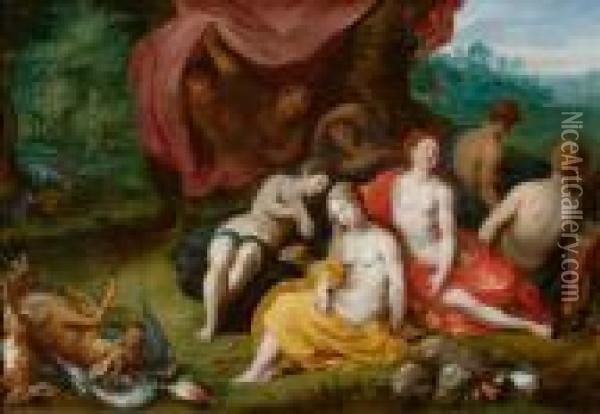 Diana And Her Nymphs Watched By Satyrs. Oil Painting - Jan Brueghel the Younger