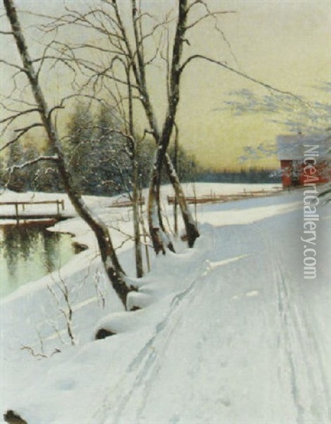 Solbelyst Vinterlandskap Oil Painting - August Vilhelm Nikolaus Hagborg