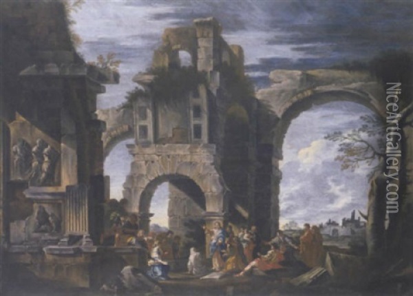 An Architectural Capriccio With The Raising Of Lazarus Oil Painting - Giovanni Ghisolfi