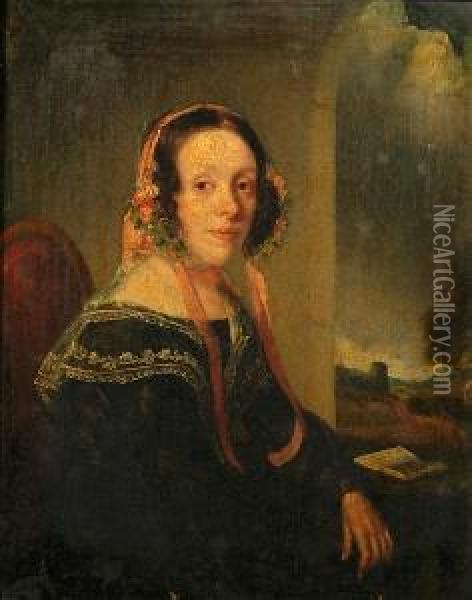 A Portrait Of Sarah Elizabeth Bloy Richardson, Half Length, In Flowered Bonnet Oil Painting - Anthony Sandys