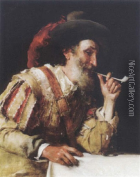 A Distinguished Cavalier Smoking A Pipe Oil Painting - Federico Andreotti
