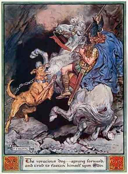 The voracious dog...sprang forward and tried to fasten himself upon Odin Oil Painting - Charles Edmund Brock