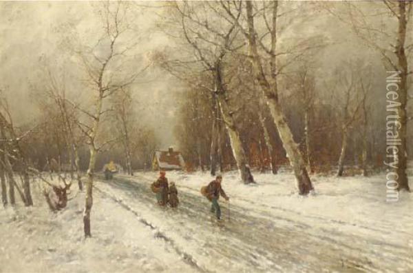 Figures On A Snow Covered Country Road Oil Painting - Johann Jungblutt