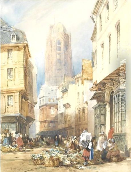 A Market Scene, Rouen, The Church Of St. Ouen Beyond Oil Painting - Thomas Shotter Boys