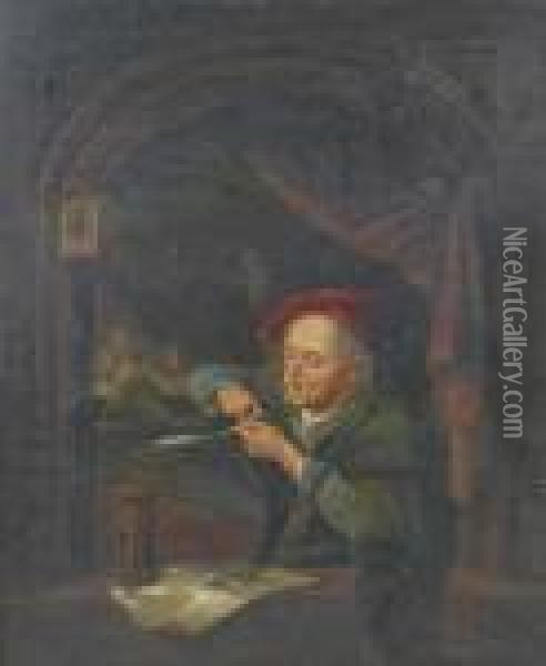 A Scholar Sharpening His Quill Oil Painting - Gerrit Dou