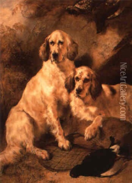 Setter Hunting Dogs Resting With Bird And Game Bag Oil Painting - Edwin Douglas