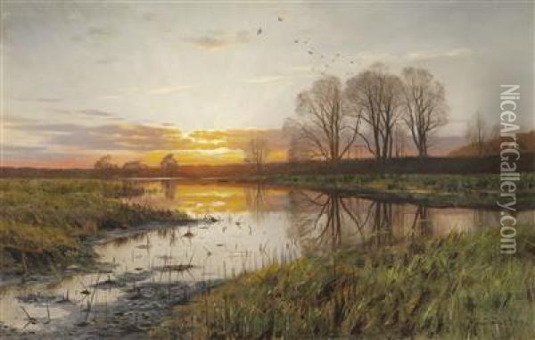 Sunset Over River Scenery Oil Painting - Peder Mork Monsted