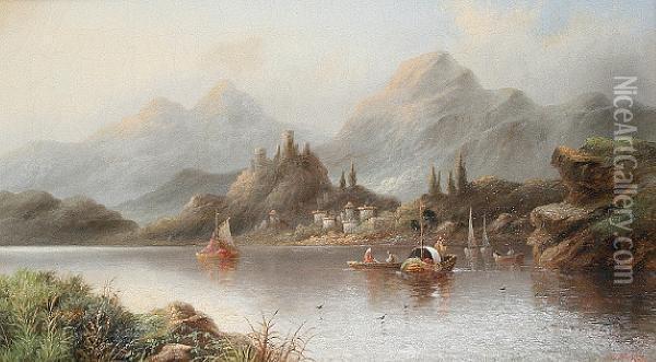 A Continental Lake Scene Oil Painting - Masters Edward