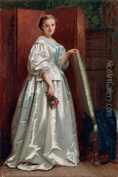 Dame In Weissem Brokatkleid Oil Painting - Wilhelm Amandus Beer