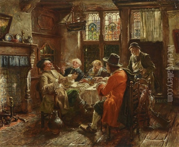 Group Of Men And Innkeeper In An Old Dutch Room Oil Painting - Max Gaisser