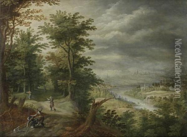 Bandits Attacking Travellers In A Wood, An Open River Landscape In The Distance Oil Painting - David Vinckboons