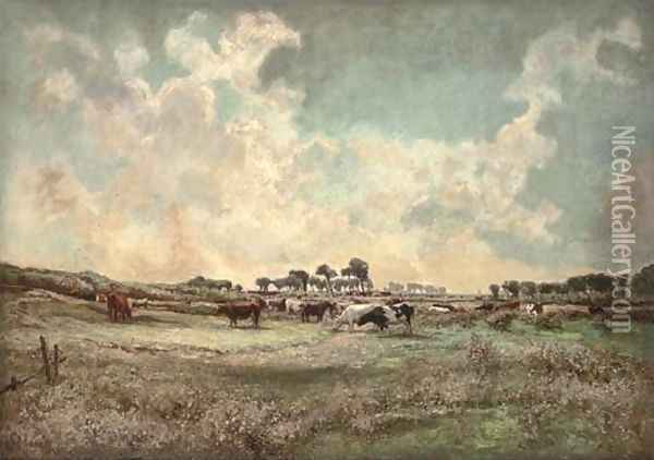 Cattle grazing in an extensive landscape Oil Painting - James Levin Henry