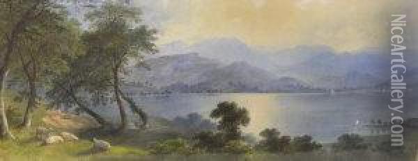 Mountainous Lakeside Landscape With Sheep Grazing Oil Painting - Charles Frederick Buckley