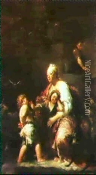 Donna Con Due Bambini Che Bisticciano Oil Painting - Giuseppe Maria Crespi