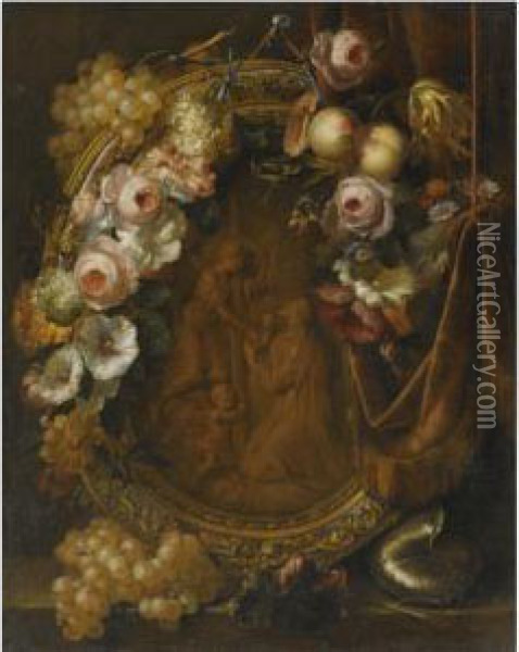 Still Life With A Garland Of 
Fruit And Flowers Adorning A Bronzerelief Of The Agony In The Garden Oil Painting - Heroman Van Der Mijn