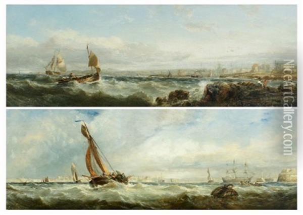 A Dutch Vessel Off Portsmouth From Ship Buoy (+ Off The Harbour Port Rash, Co. Antrim, Pair) Oil Painting - Edwin Hayes