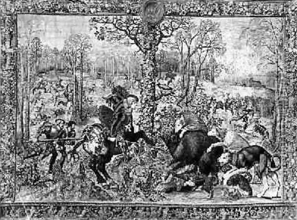 The Hunts of Maximilian Capricorn The Boar Hunt 1521 33 Oil Painting - Orley, Bernard van